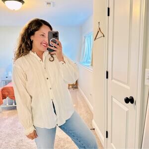 Vintage Country Cotton White Fun Different Button Long Sleeve Top Blouse Medium